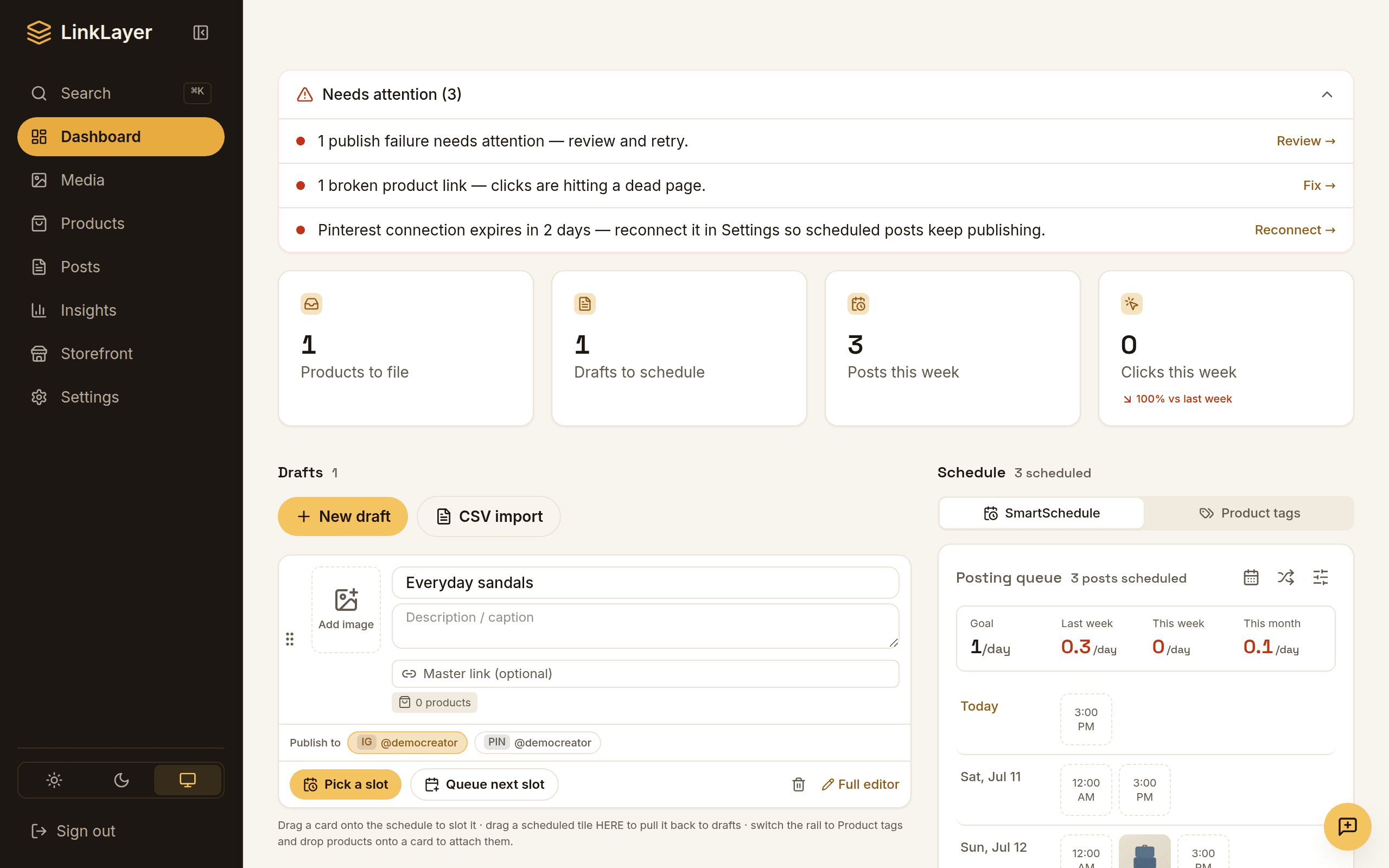 The LinkLayer dashboard: drafts ready to schedule, a posting queue, and this week's click totals.