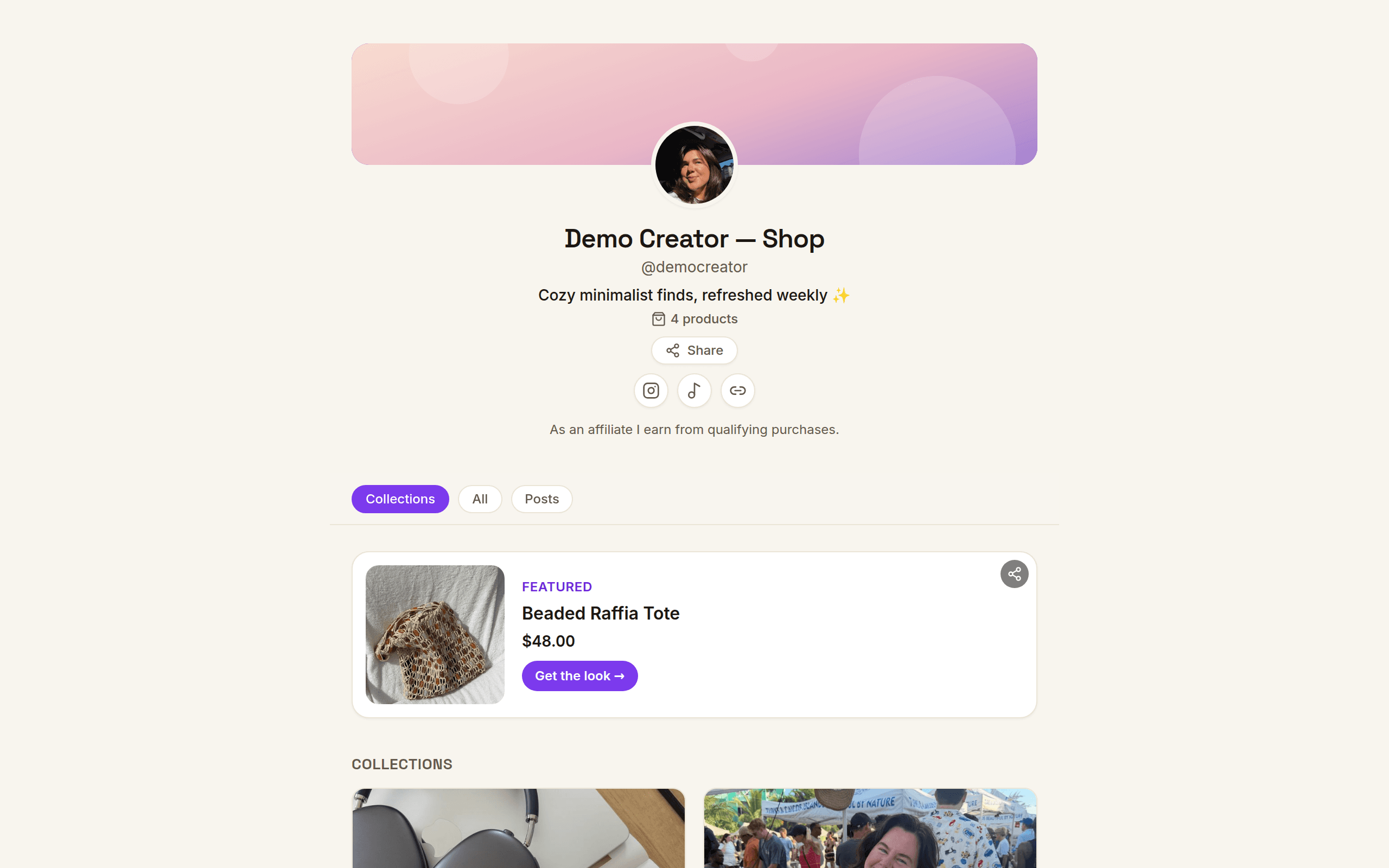 A LinkLayer storefront on the creator's own domain: shoppable products and collections, not a stack of text buttons.
